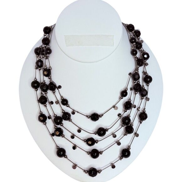 Black Glass Beaded Layered Statement Necklace 20" Gunmetal Multi-Strand - Picture 5 of 9